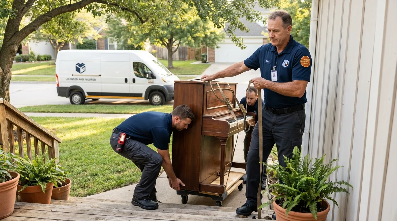 Licensed piano movers securing grand piano in Saint Francis, MN