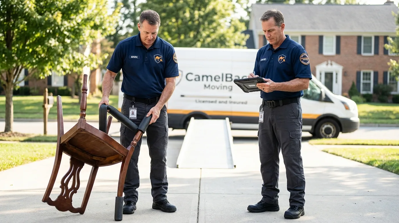 Movers inspecting furniture for damage prevention before loading in Saint Francis, MN