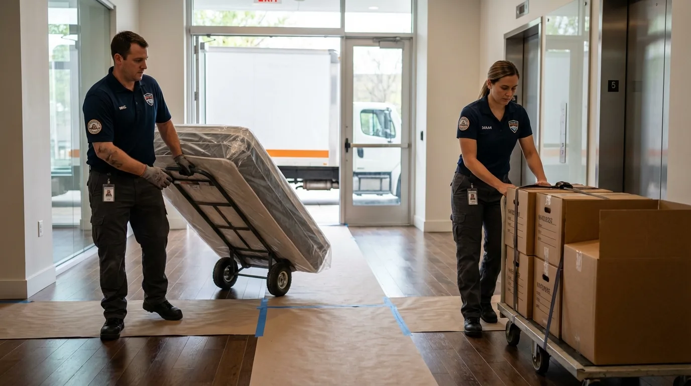 Professional apartment movers loading elevator in Saint Francis, MN