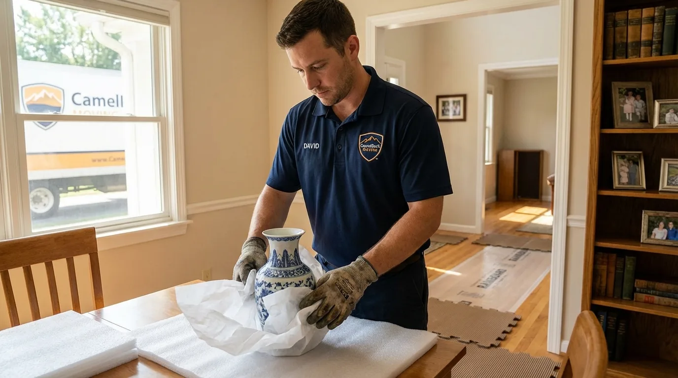 Professional crew carefully wrapping antique vase for senior downsizing move in Saint Francis, MN